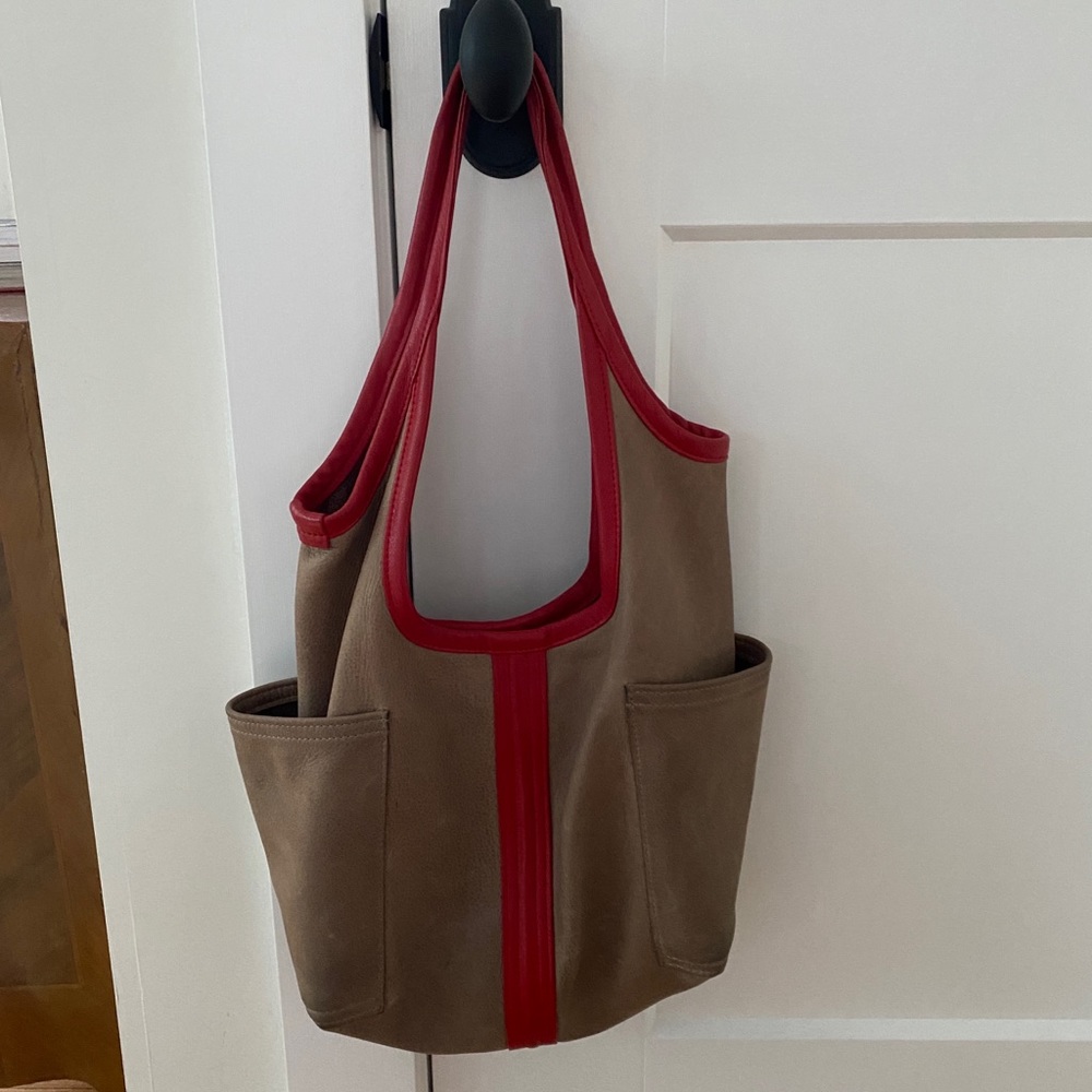 R&T Rough & Tumble, Maine Made, beige and red suede “Access Tote” purse